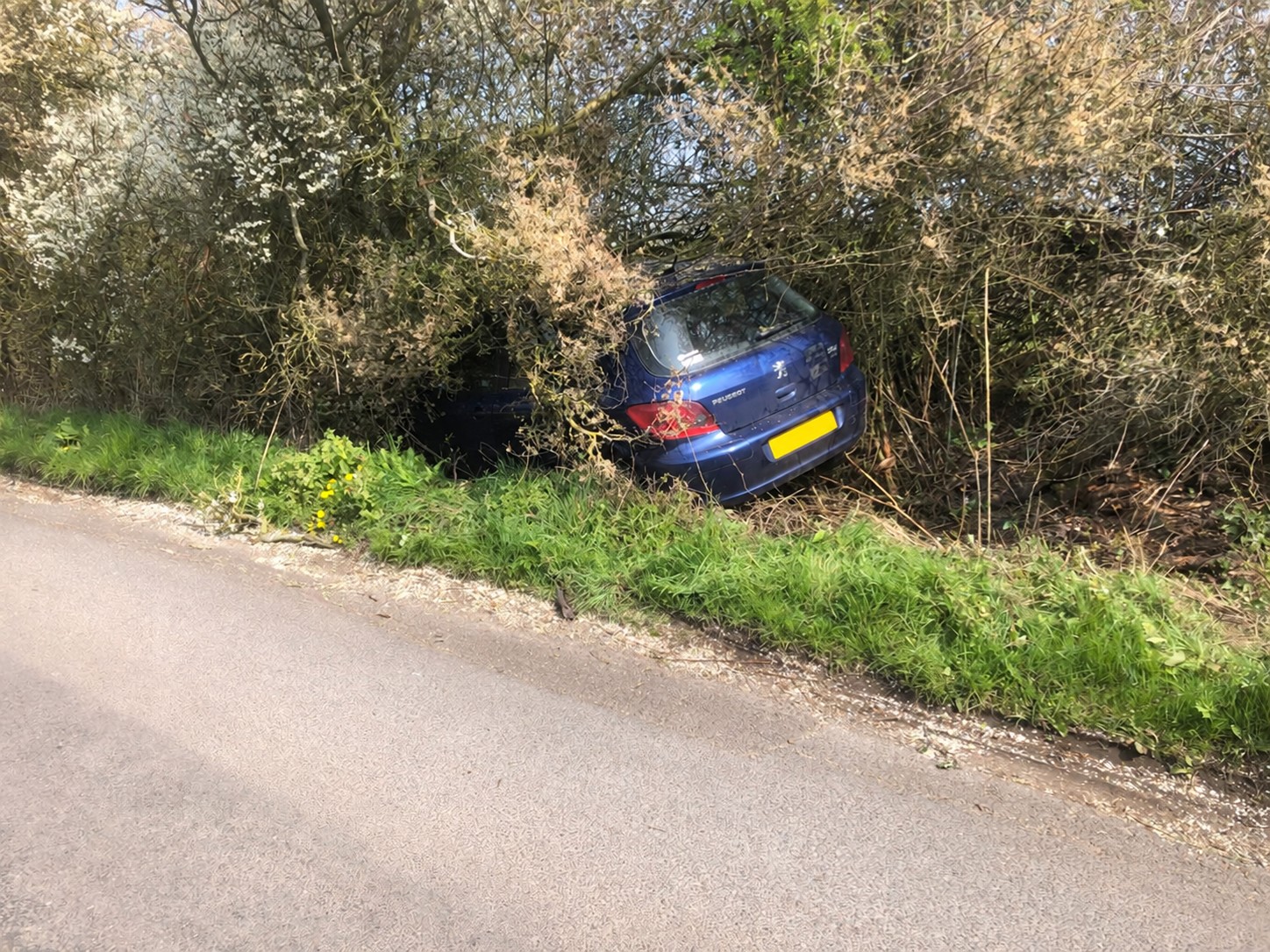 Blue Peugeot lodged in a roadside hedge before winch-out recovery
