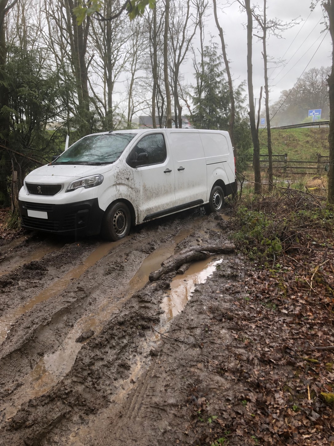 White Peugeot van stuck in muddy woodland during a winch-out recovery