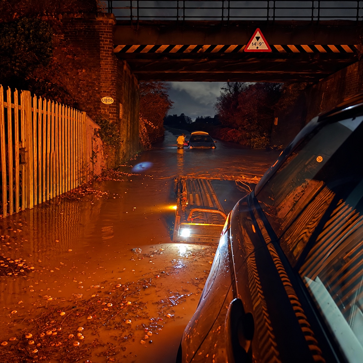 Night-time vehicle recovery beneath a bridge, with a recovery ramp lit by amber lights